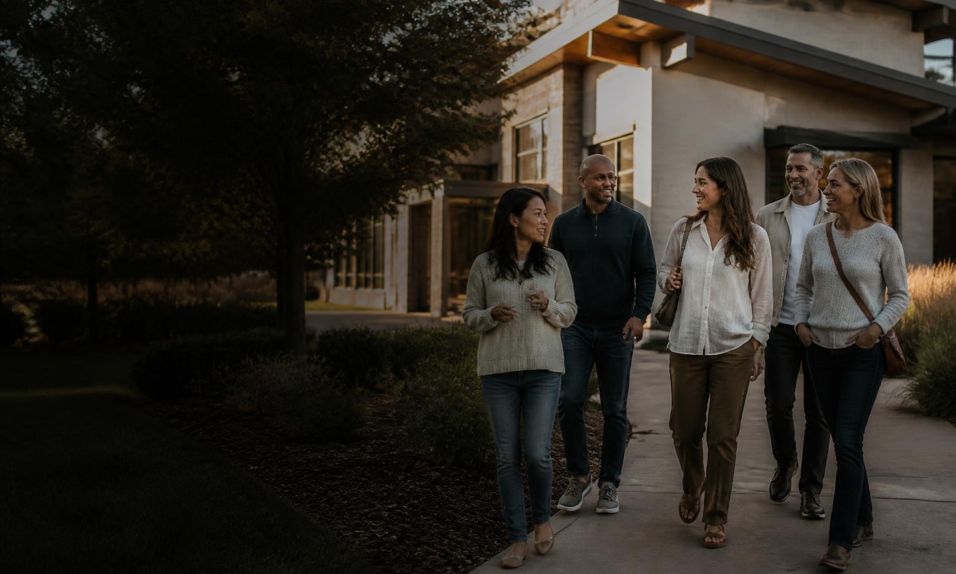 A diverse group of friends walking together outside their local church