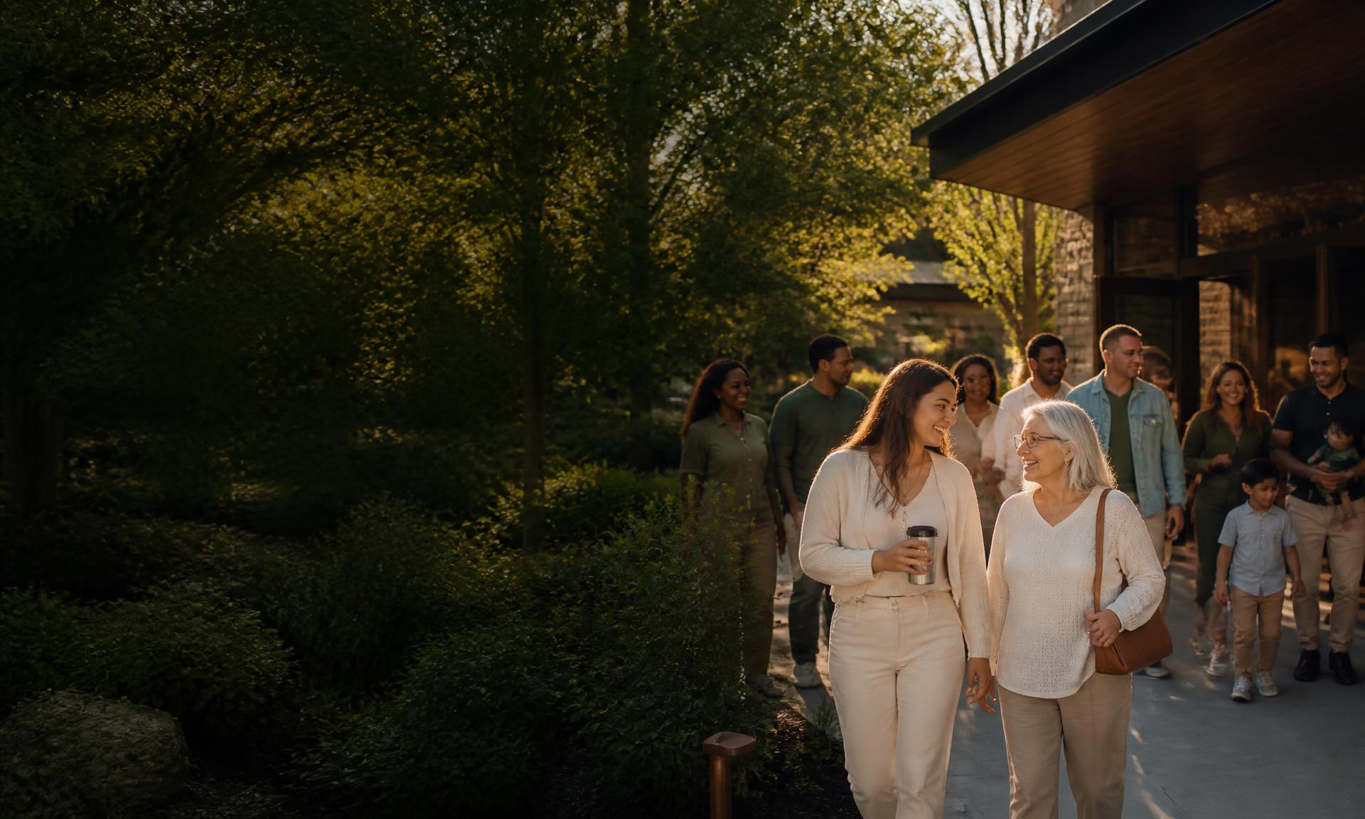 Friends and families gathering outside a local church at golden hour
