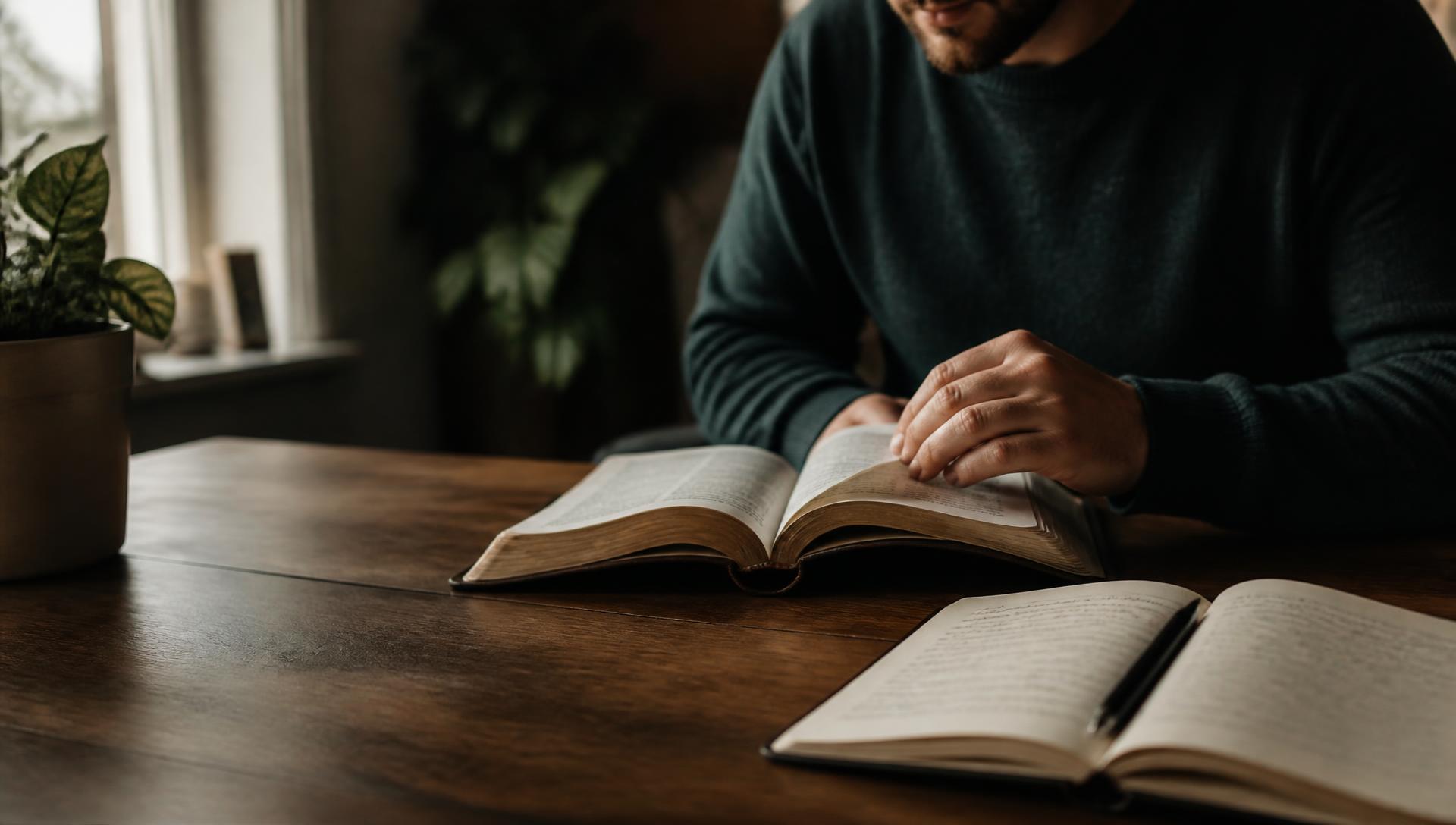 A person reading a Bible beside an open journal in natural light